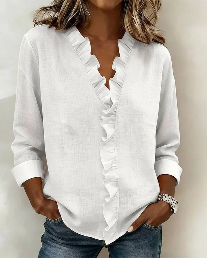 Chantal Blouse with Ruffles, V-Neck and Long Sleeves