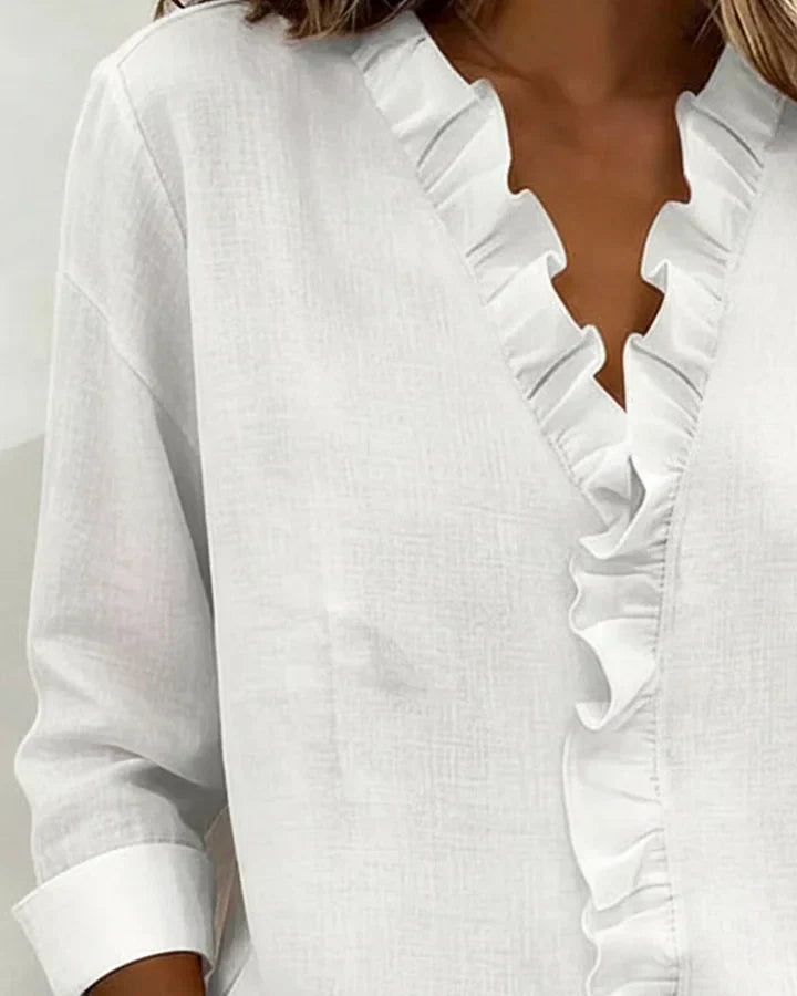 Chantal Blouse with Ruffles, V-Neck and Long Sleeves