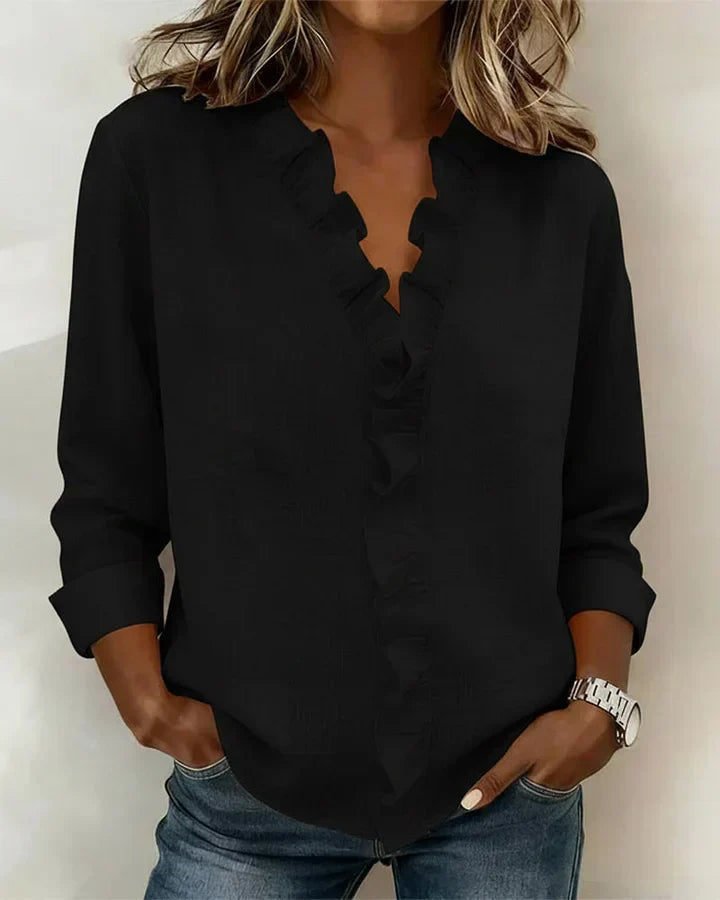 Chantal Blouse with Ruffles, V-Neck and Long Sleeves