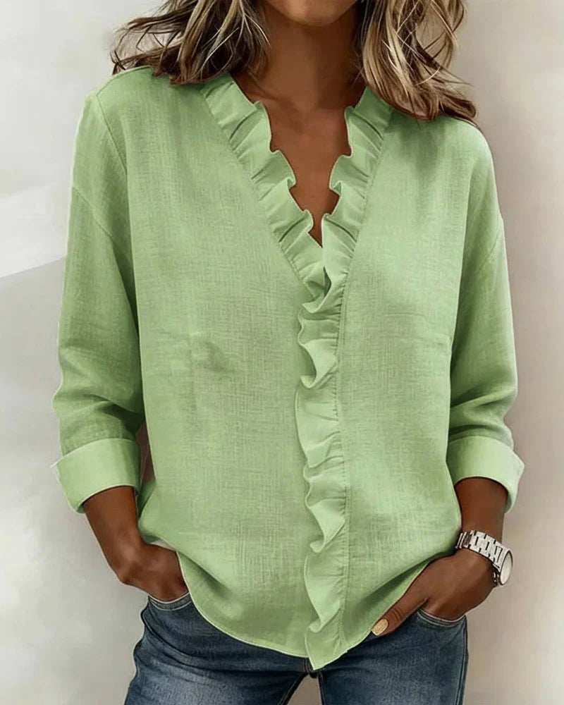 Chantal Blouse with Ruffles, V-Neck and Long Sleeves