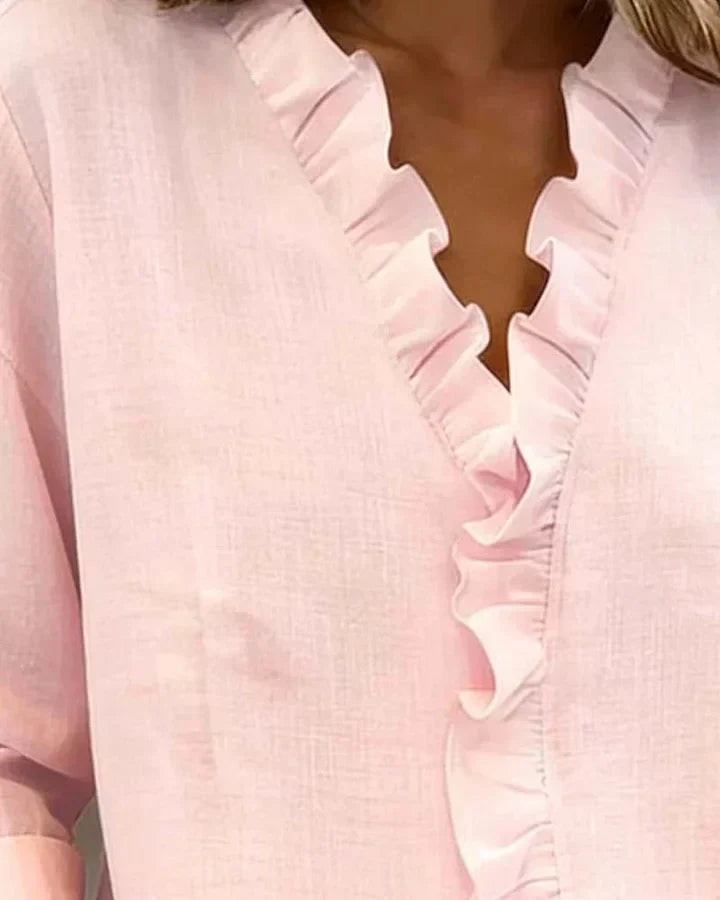 Chantal Blouse with Ruffles, V-Neck and Long Sleeves