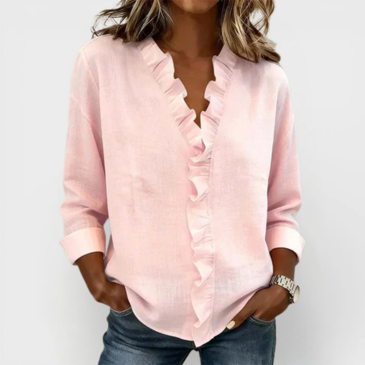 Chantal Blouse with Ruffles, V-Neck and Long Sleeves