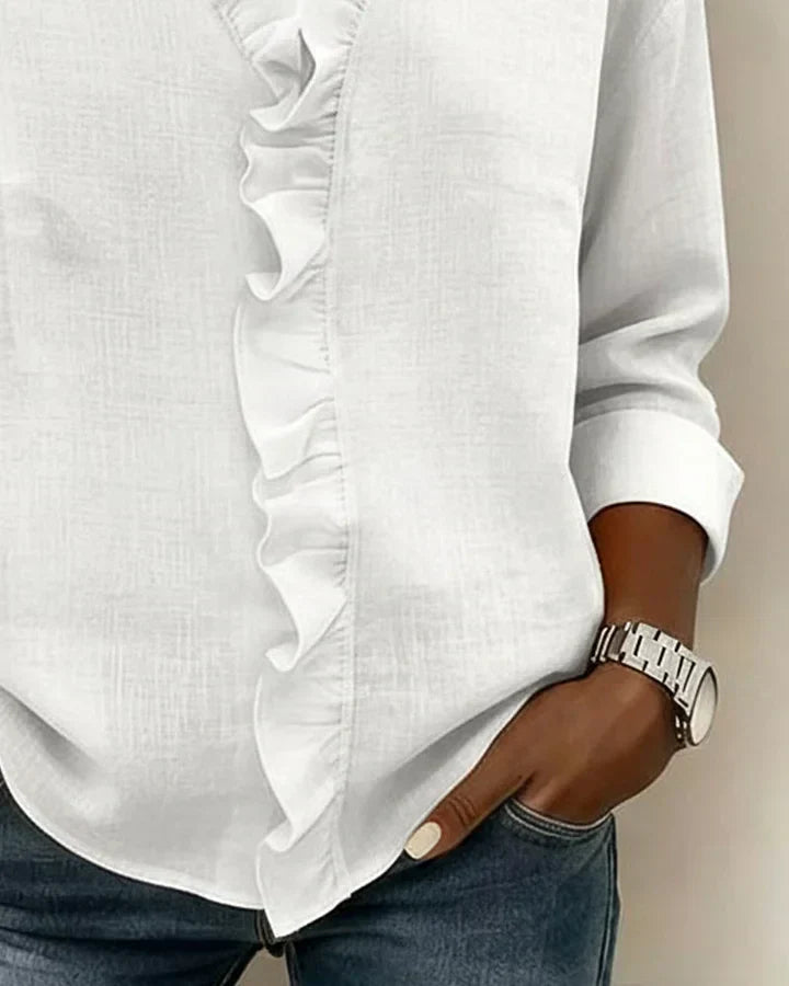 Chantal Blouse with Ruffles, V-Neck and Long Sleeves