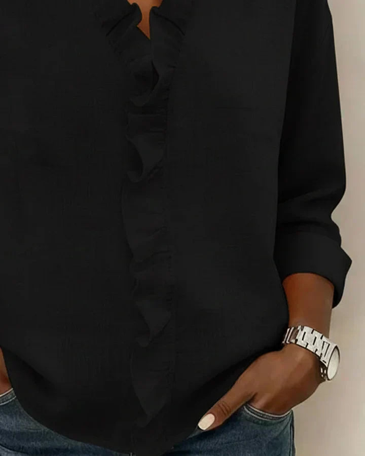 Chantal Blouse with Ruffles, V-Neck and Long Sleeves