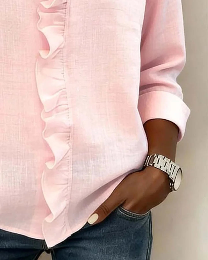 Chantal Blouse with Ruffles, V-Neck and Long Sleeves