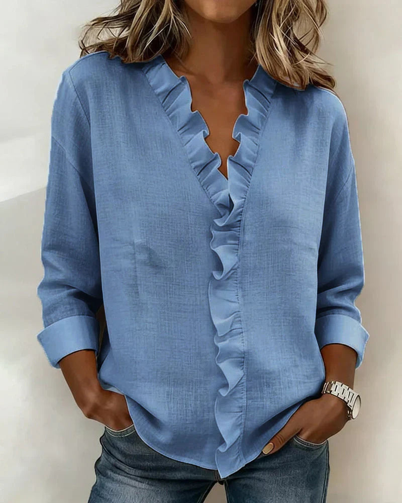 Chantal Blouse with Ruffles, V-Neck and Long Sleeves