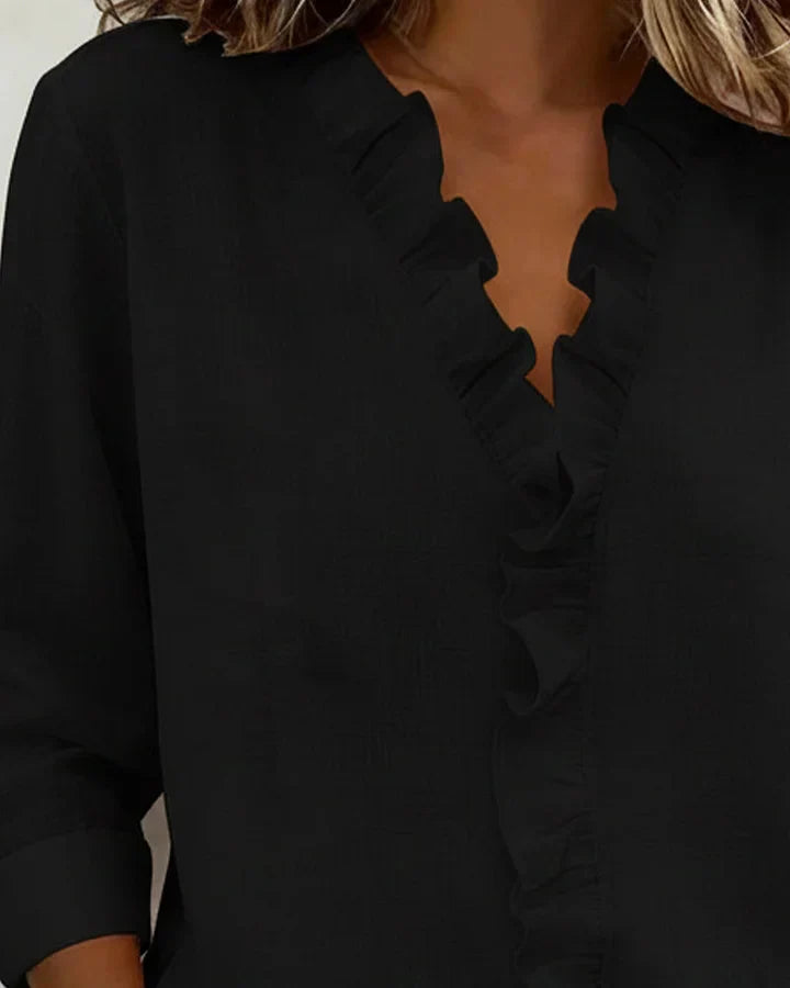 Chantal Blouse with Ruffles, V-Neck and Long Sleeves
